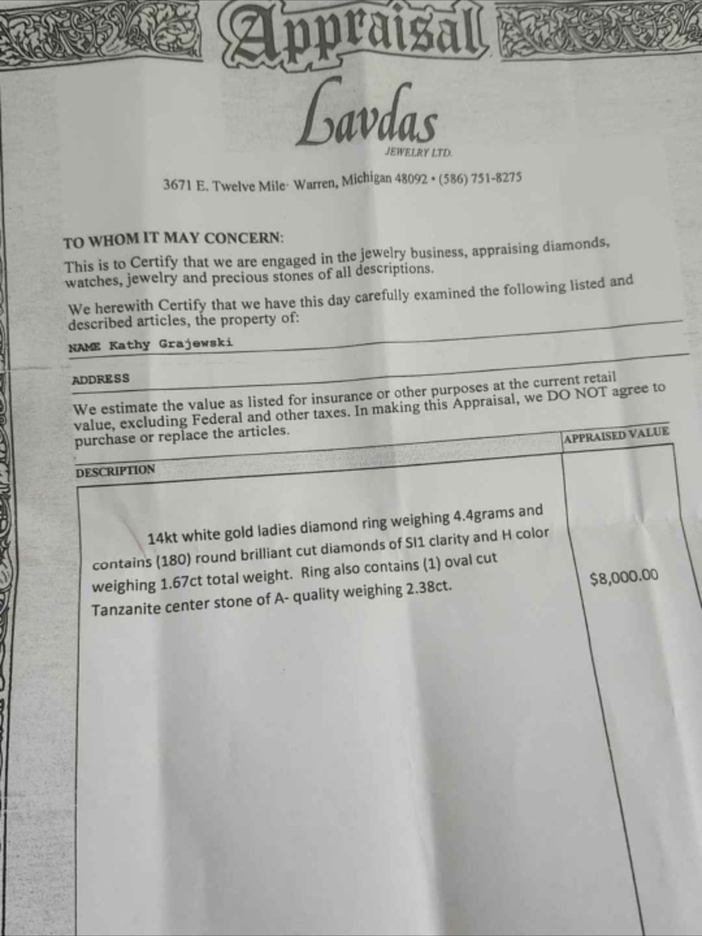 Lavdas Jewelry Appraisal Document - Black & White